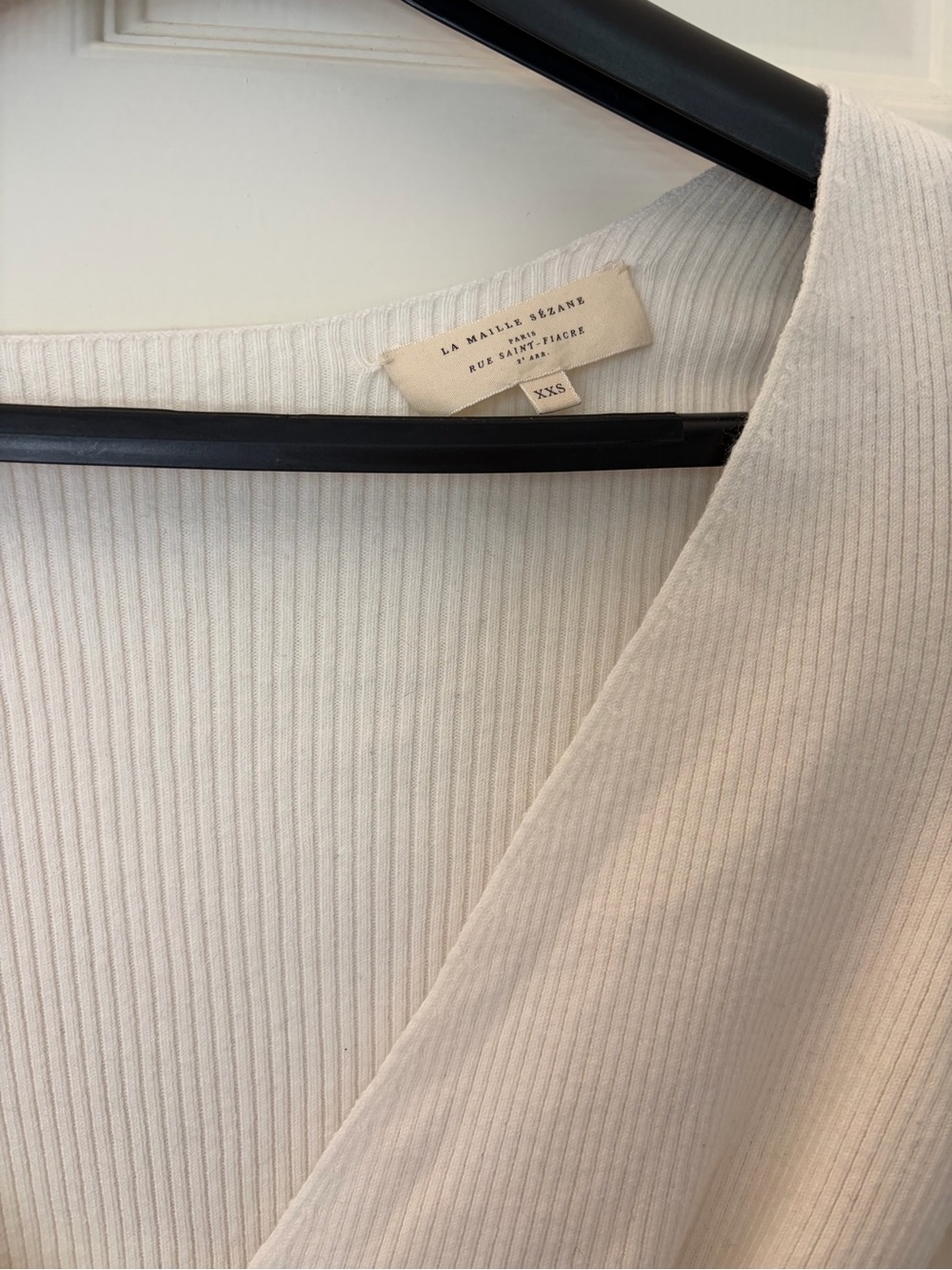 Sezane Cream Ribbed Wrap-Front Long Sleeve Crop Top - Picture 3 of 4